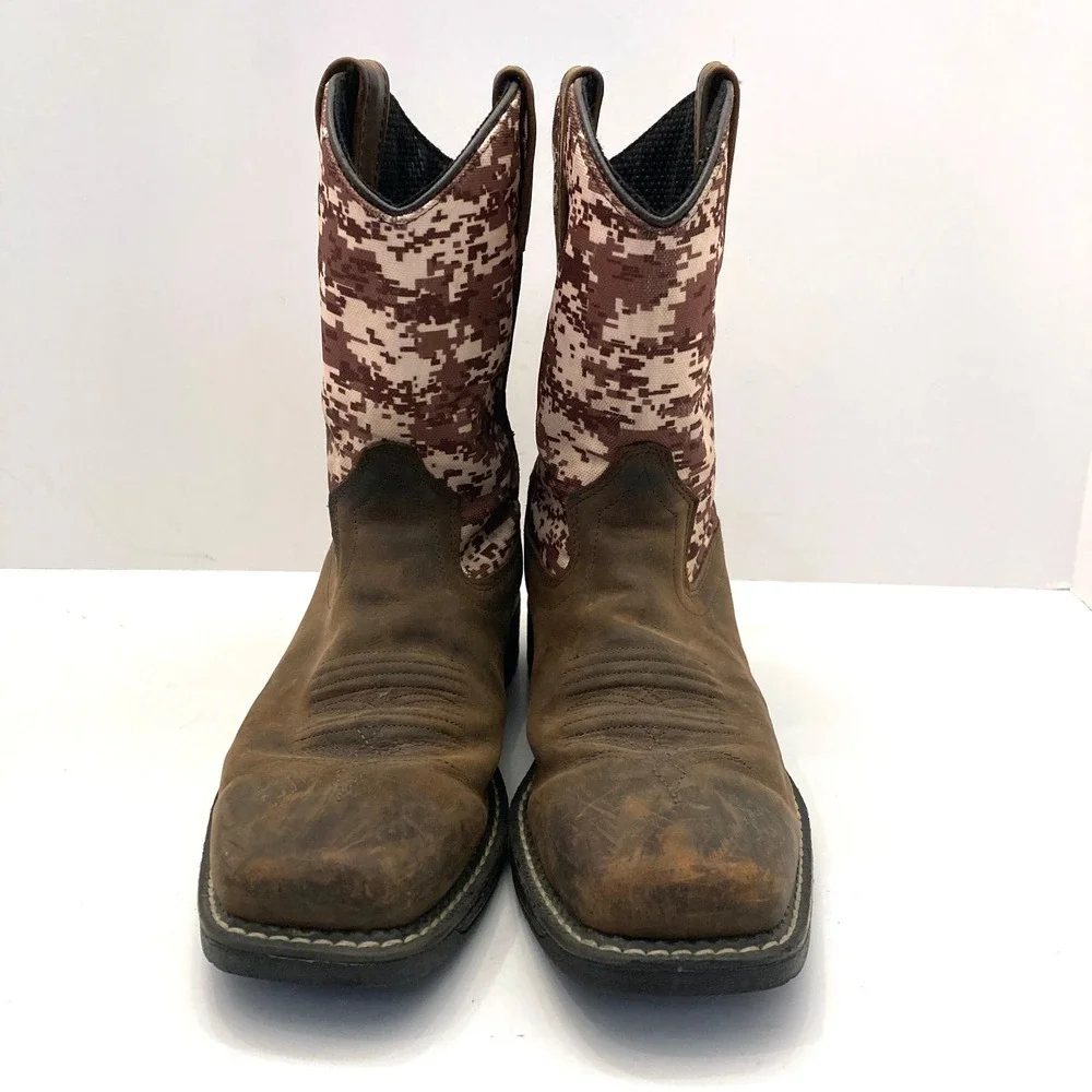 Old West Cowboy Boots Youth Boys Sz 3.5 Digitial Camo Brown Leather Square Toe